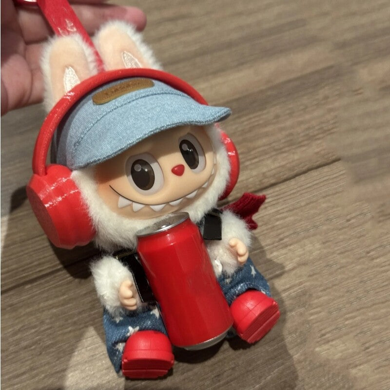 Pink Love Hat W/ Blue Corduroy Overalls & Star Patch for Labubu Doll Outfit