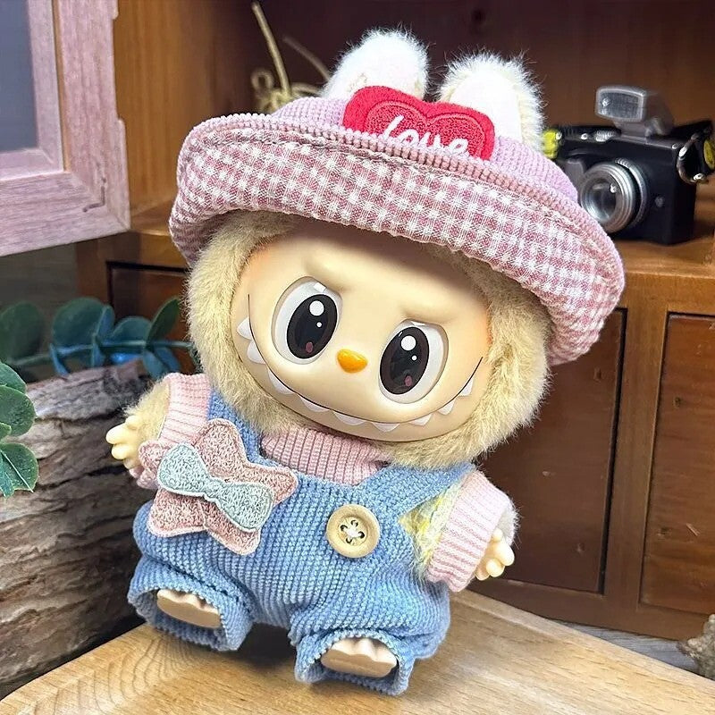 Pink Love Hat W/ Blue Corduroy Overalls & Star Patch for Labubu Doll Outfit
