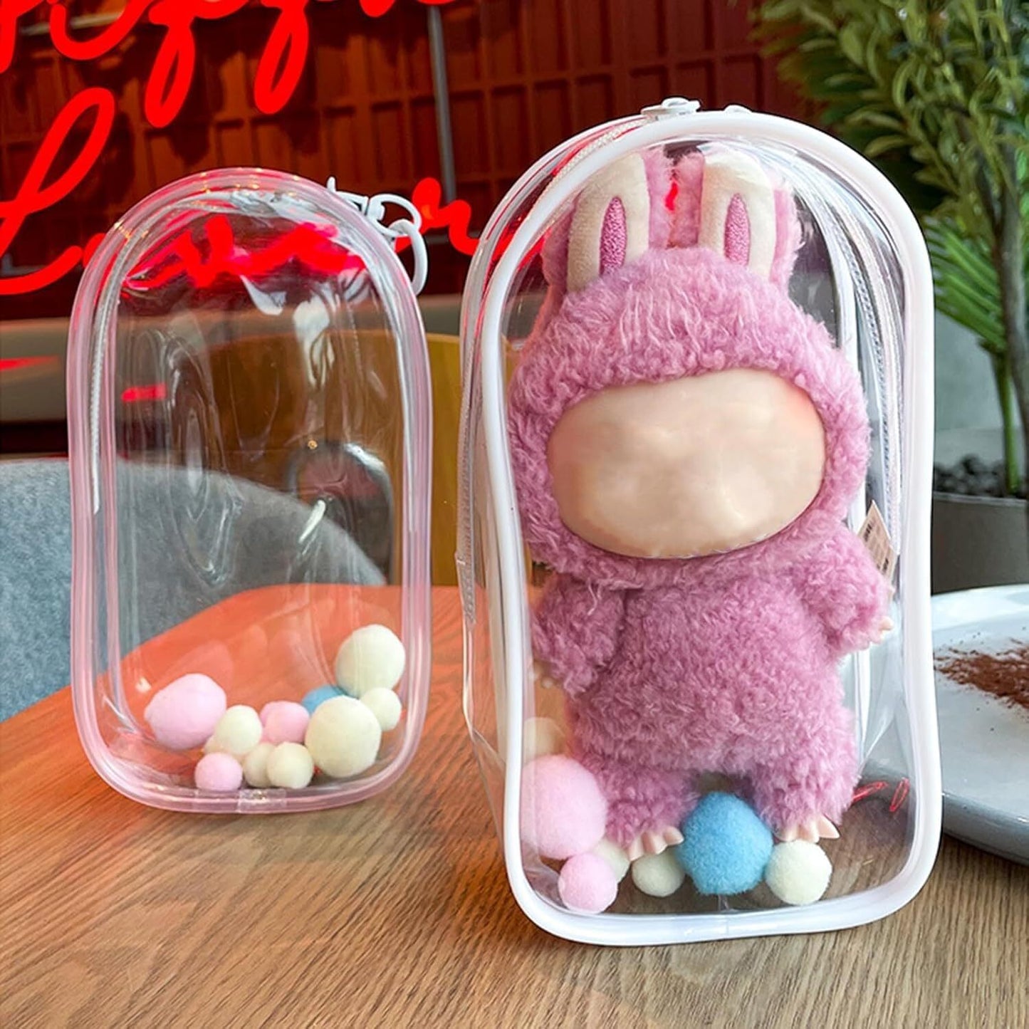 For Labubu Transparent Protector Case for 17cm Plush Dolls Display Bag Keychain