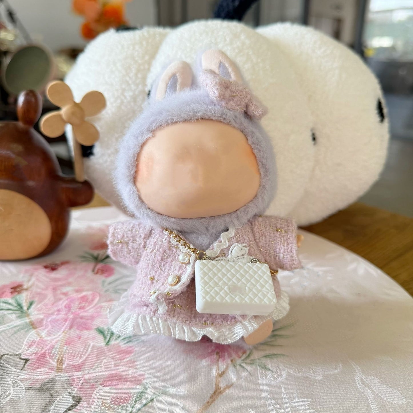 Pink Love Hat W/ Blue Corduroy Overalls & Star Patch for Labubu Doll Outfit