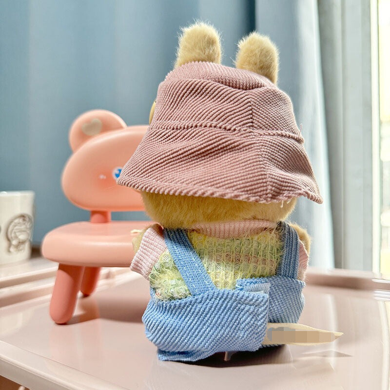 Pink Love Hat W/ Blue Corduroy Overalls & Star Patch for Labubu Doll Outfit
