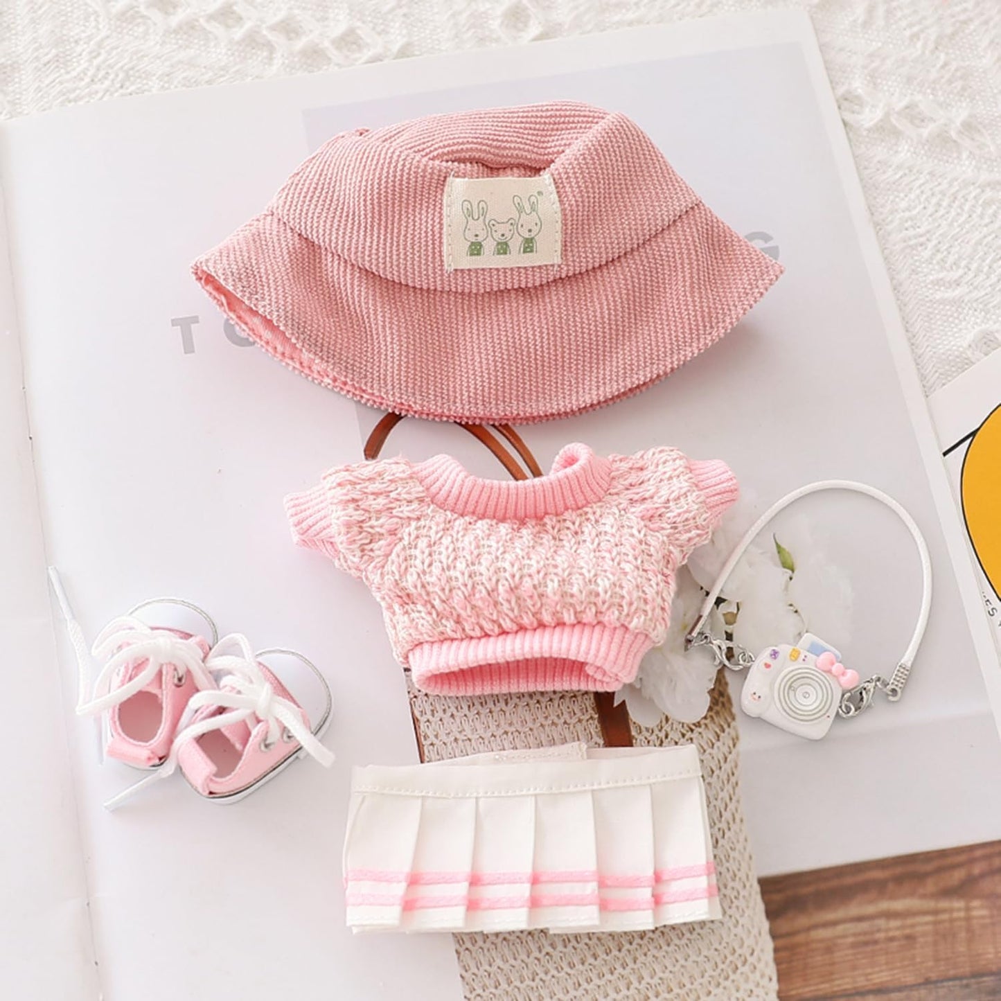 Clothes for 17cm LABUBU Sweater Clothes Accessories(No Doll Only Clothes), Stylish Outfit Suitable for 6.7inch (17cm) Doll Soft Clothing Replacement(WhiteA+hat+Dress)
