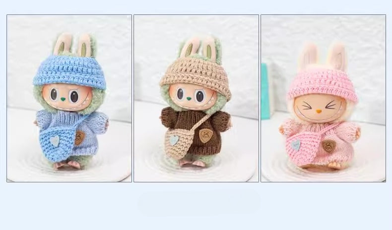 17cm Labubu Gen 1-3 Handmade Knit Sweater Set | Khaki Beanie + Cable-Knit Sweater + Detachable Heart Shoulder Bag | Vinyl/Plush-Compatible Clothes Only for Collectible Dolls