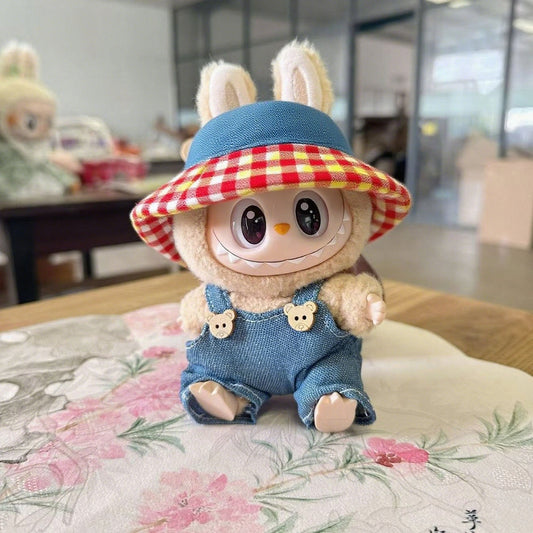 Labubu Denim Overalls Set - Cute Jumpsuit & Fisherman Hat for Vinyl Doll Clothes