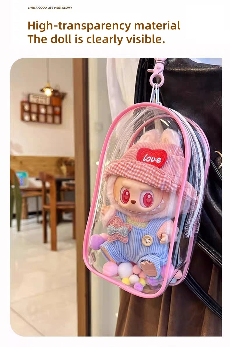 POP MART Labubu Sit-Sit Party Protective Case - Waterproof Clear Dustproof Cover + Carry Bag for 17cm Vinyl Figures
