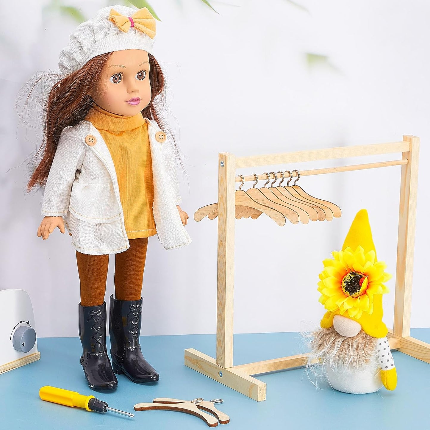 7-piece Set Doll Garment Rack with Wooden Clothes Hanger for LABUBU Clothes Mini Hangers Wardrobe Furniture Accessories for 17Cm LABUBU Plush Doll (Wood)