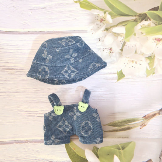 17cm/15cm Labubu Gen 1-2 Handmade Embroidered Clover Denim Hat Set | Vinyl/Plush-Compatible Clothes Only with Detachable Keychain Charm for Seated/Standing Dolls