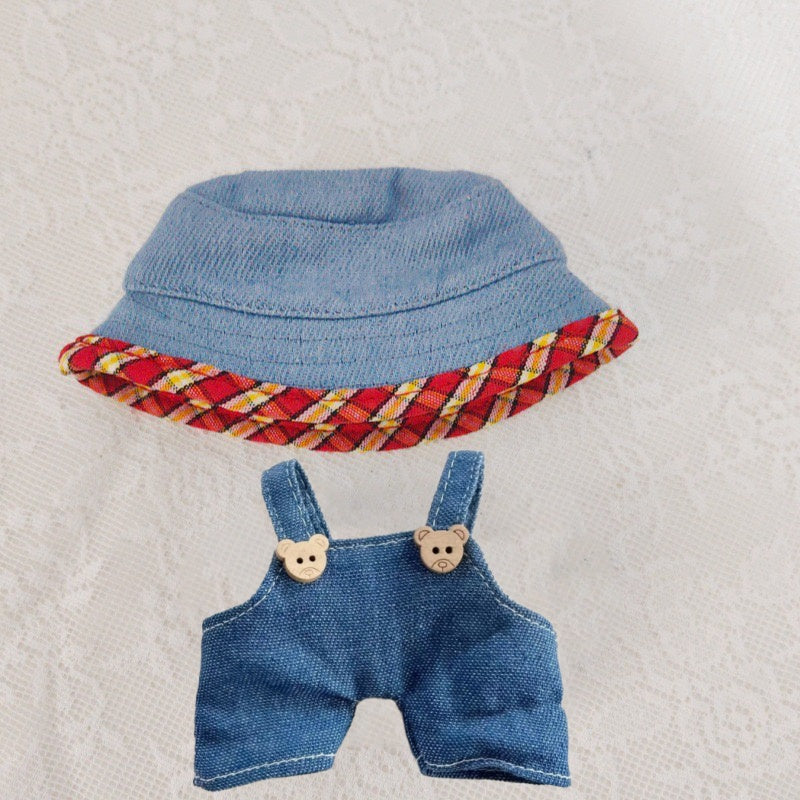 Labubu Series 1/2 Outfit - Denim Overalls w/ Red Blue Hat for Vinyl Doll Clothes