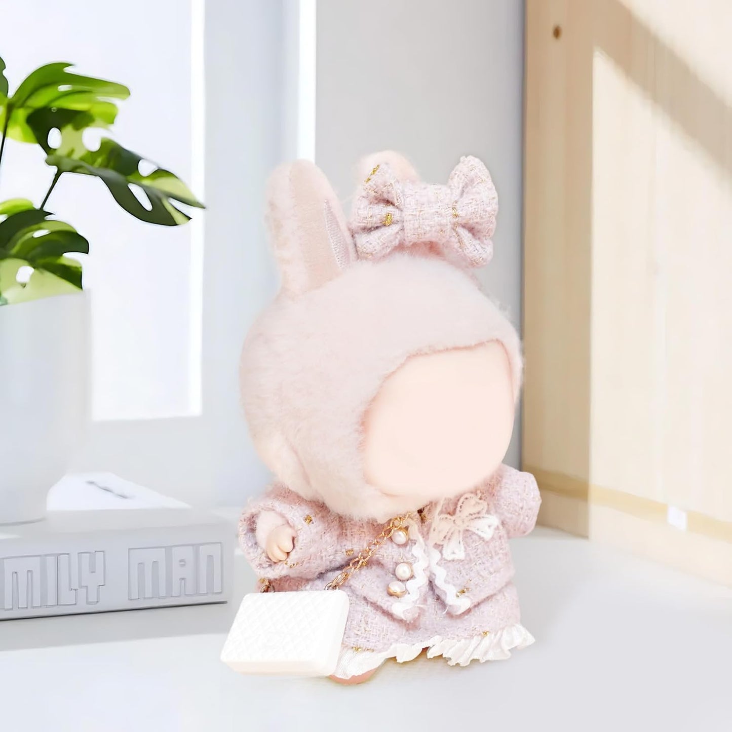 4-Piece Clothes for LABUBU Doll Sitting Standing Collection, Pink CHANEL Style Cute Clothes Sets for POP MART Doll, Including Pink Coat, Skirt, Handbag, Bow (No Doll)