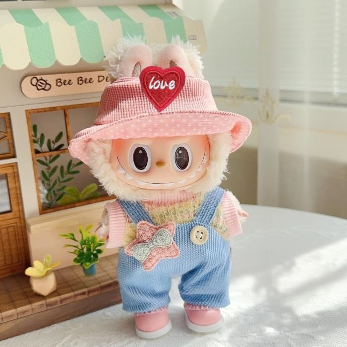 17cm Labubu Handmade Couple Outfit Set | Macaron Swaeter + Matching Overalls | Vinyl/Plush-Compatible Clothes Only with Detachable Keychain Charm