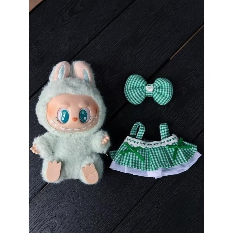 CRYBABY Tears Factory Outfit - Handmade Green Plaid Skirt & Bow for Plush Doll Clothes