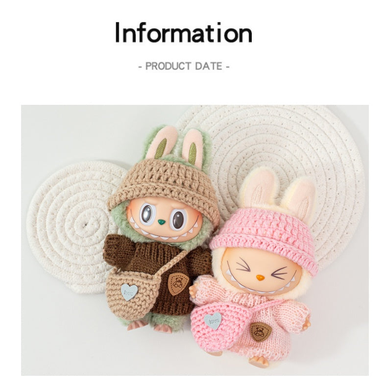 17cm Labubu Gen 1-3 Handmade Knit Sweater Set | Khaki Beanie + Cable-Knit Sweater + Detachable Heart Shoulder Bag | Vinyl/Plush-Compatible Clothes Only for Collectible Dolls