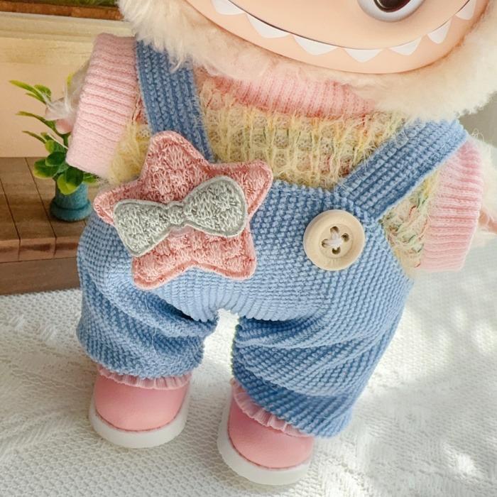 17cm Labubu Handmade Couple Outfit Set | Macaron Swaeter + Matching Overalls | Vinyl/Plush-Compatible Clothes Only with Detachable Keychain Charm