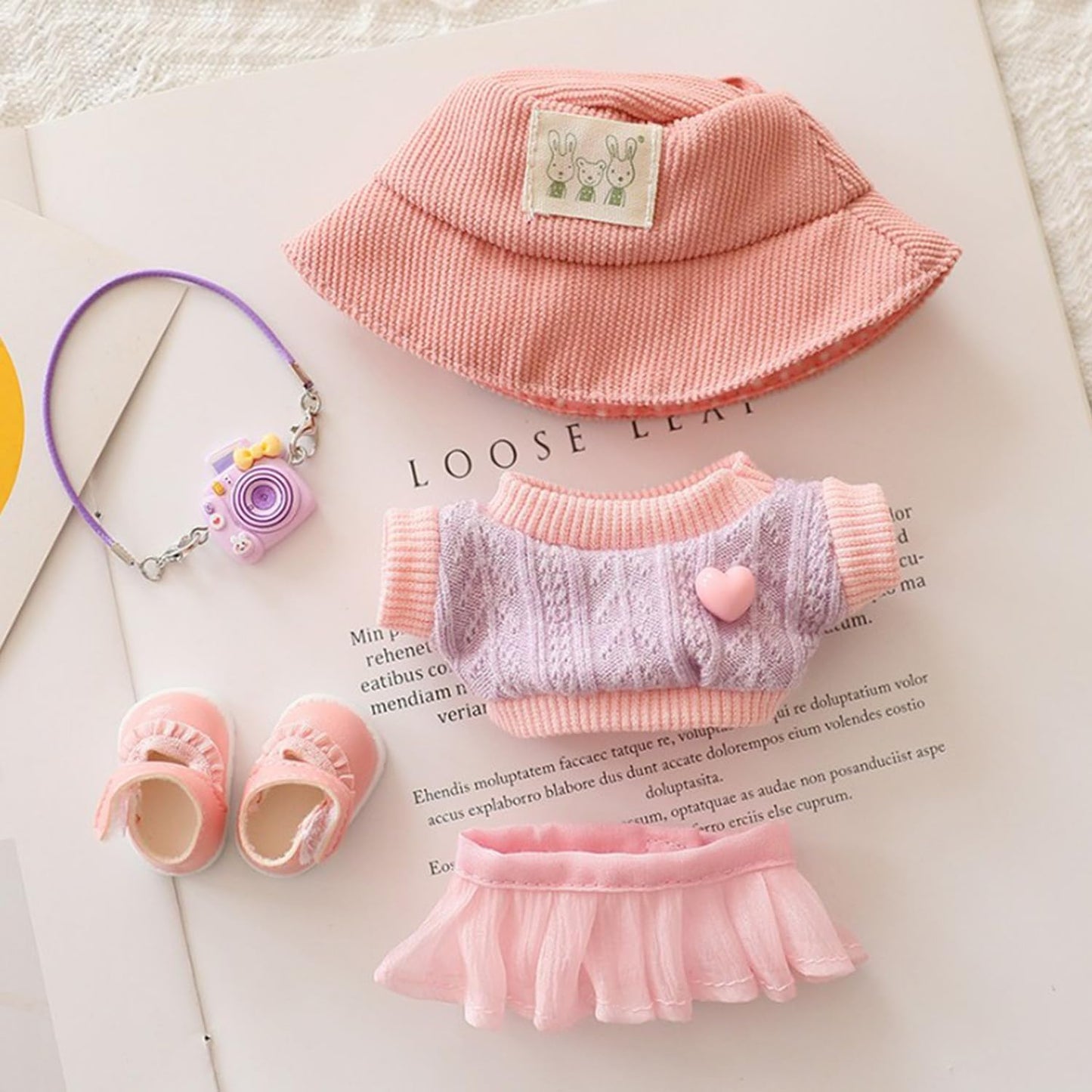 Clothes for 17cm LABUBU Sweater Clothes Accessories(No Doll Only Clothes), Stylish Outfit Suitable for 6.7inch (17cm) Doll Soft Clothing Replacement(WhiteA+hat+Dress)