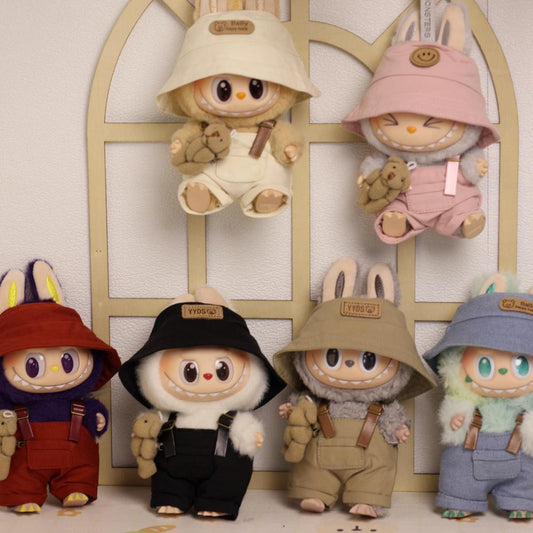15-17cm Labubu Sitting Party Outfit - Series 1/2/3 Doll Clothes for Vinyl Figures - Khaki Overalls & Fisherman Hat