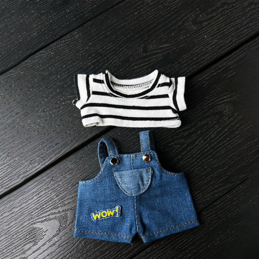 17cm Labubu Handmade Striped T-Shirt & Pocketed Denim Overalls | Clothes Only