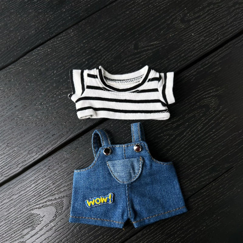 17cm Labubu Gen 1-3 Handmade Striped Denim Overalls Set | Vinyl/Plush-Compatible Clothes Only with Metal Buttons for Collectible Dolls
