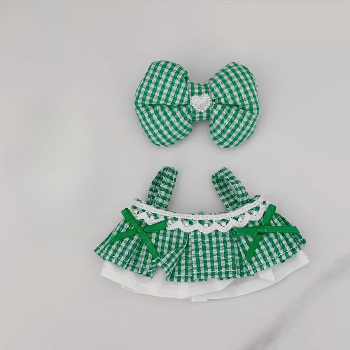 Labubu Sweet Plaid Dress Set - Green Skirt & Bow Outfit for Vinyl Doll Clothes