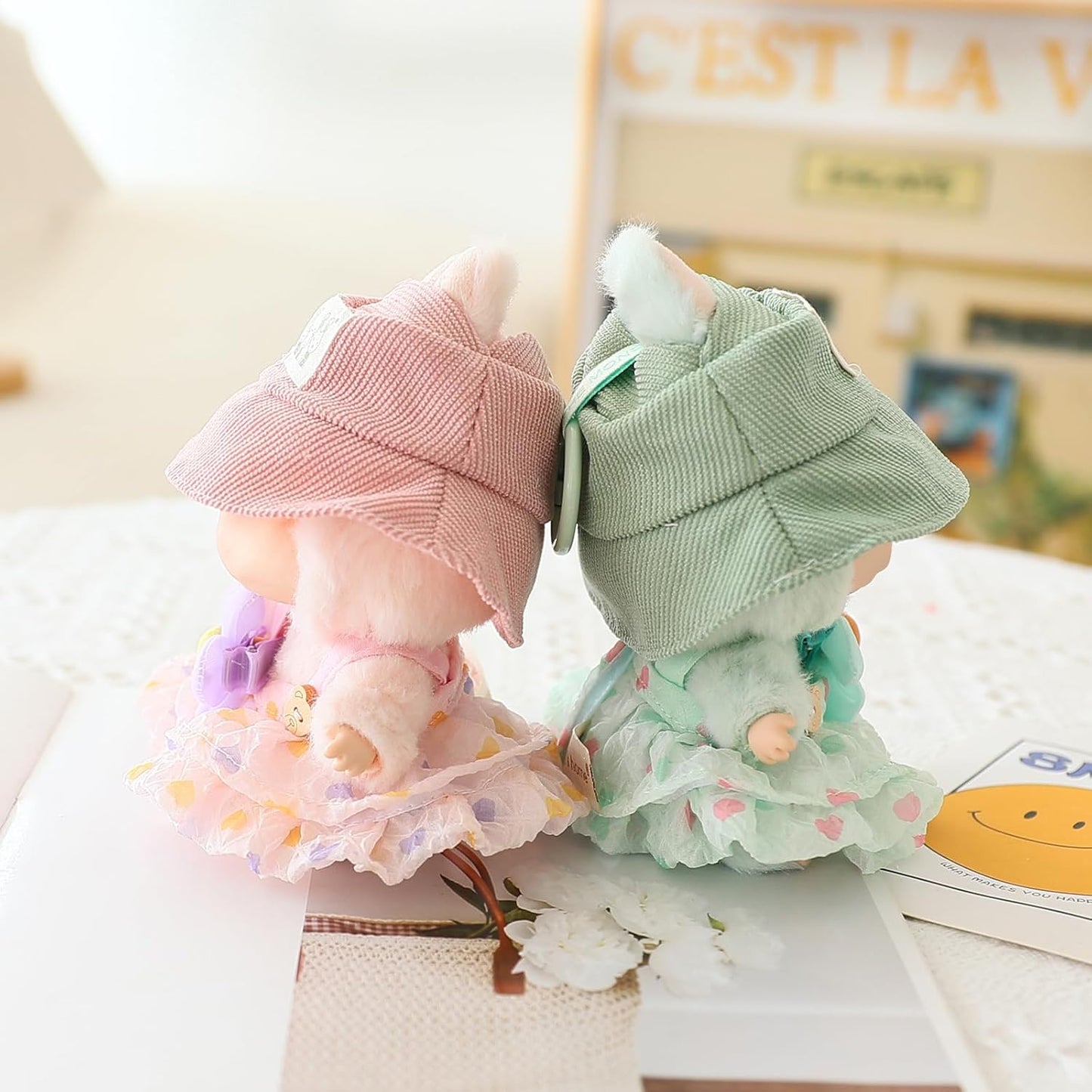 LABUBU CLOTHES, Clothes for Dolls Outfits, Accessories for 17cm Dolls Clothes, Cute Bear Dress + Casual Hat, Stylish Adorable Dolls Clothes Accessories (No Doll) (Green)