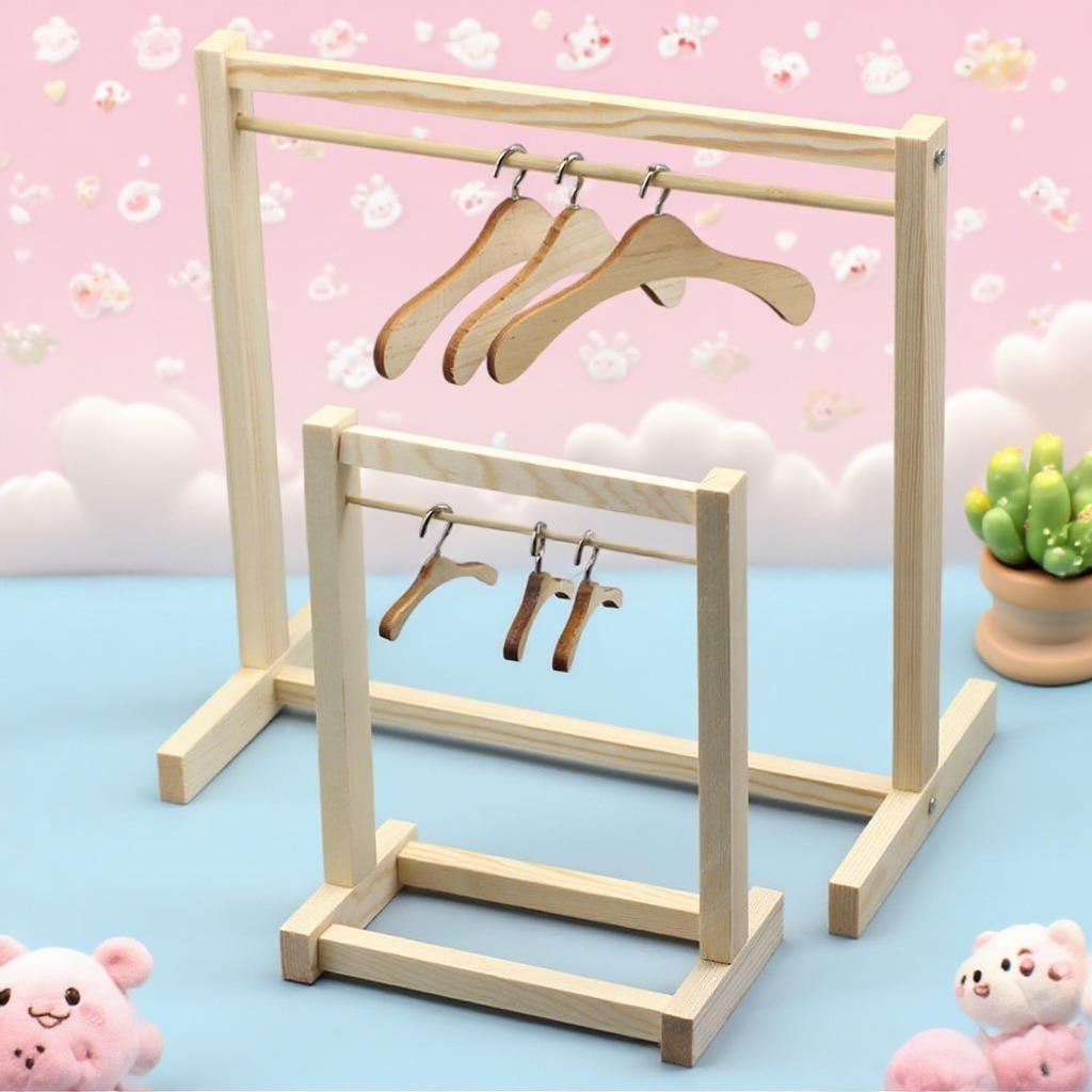 Mini Wooden Outfits Rack for LABUBU - Cute Display Stand for LABUBU Clothes (Only Clothes Rack & Clothes Hangers)(No Doll)