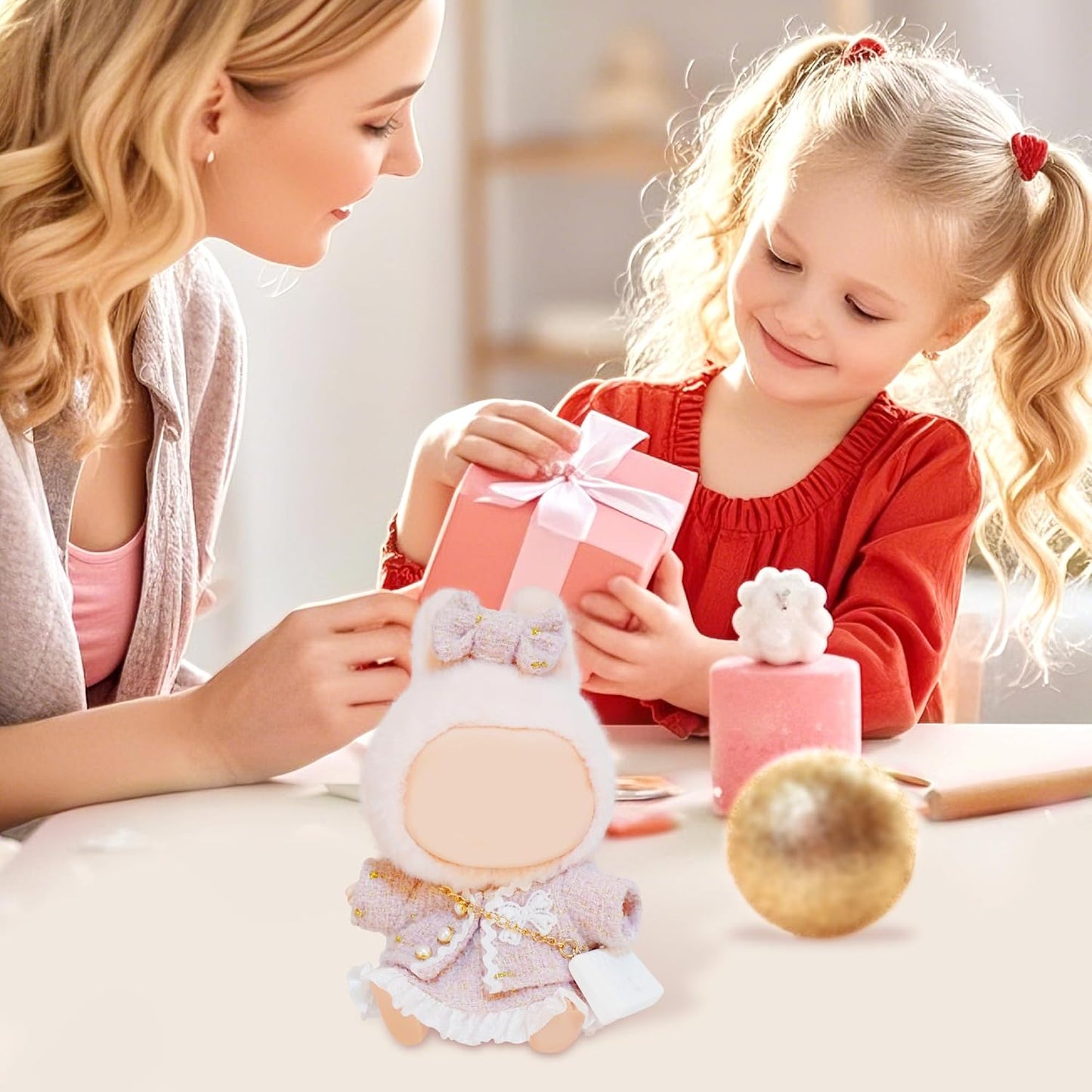 4-Piece Clothes for LABUBU Doll Sitting Standing Collection, Pink CHANEL Style Cute Clothes Sets for POP MART Doll, Including Pink Coat, Skirt, Handbag, Bow (No Doll)