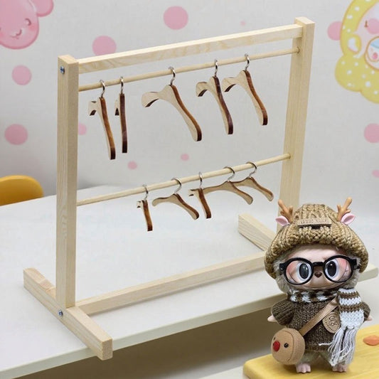 Mini Wooden Outfits Rack for LABUBU - Cute Display Stand for LABUBU Clothes (Only Clothes Rack & Clothes Hangers)(No Doll)