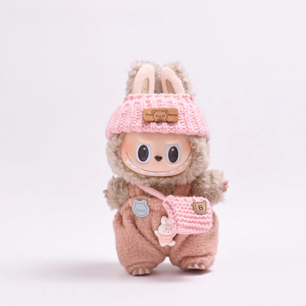 Labubu Outfit - Knit Sweater & Overalls Set w/ Hat & Bag for Keychain Doll