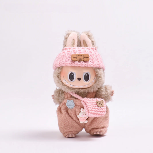 Labubu Outfit - Knit Sweater & Overalls Set w/ Hat & Bag for Keychain Doll