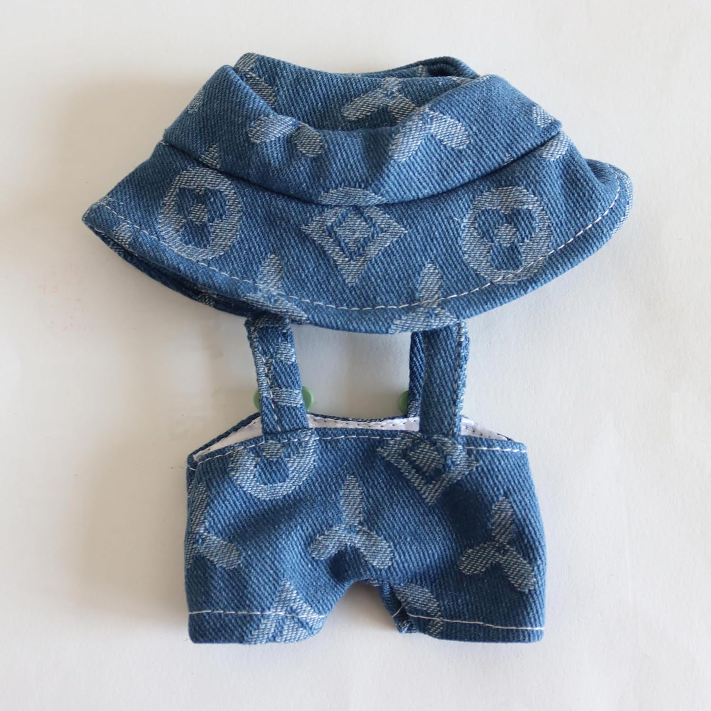 LABUBU CLOTHES, Denim Overalls & Hat Set - Blue Jeans Casual Outfit with Knit Print for 17cm Doll Clothes Compatible with LABUBU(No Doll)