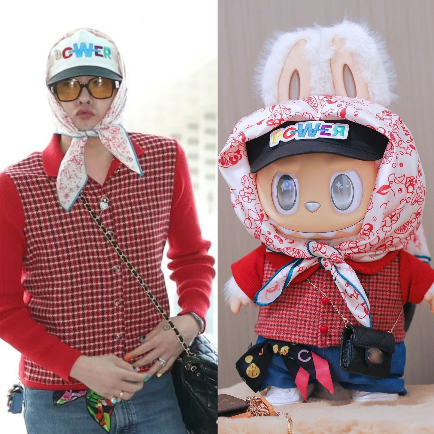 Handmade LABUBU Clothes for G-Dragon Costume for 17cm Plush Doll (No Doll)- Idol Star GD Power Style (RED/BLUE) (Set&Shoes)