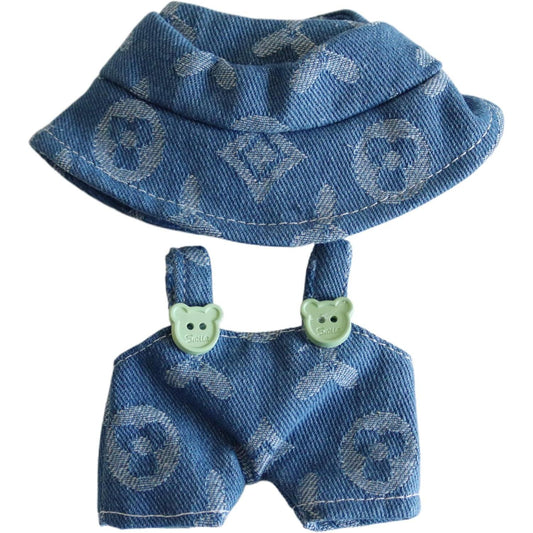 LABUBU CLOTHES, Denim Overalls & Hat Set - Blue Jeans Casual Outfit with Knit Print for 17cm Doll Clothes Compatible with LABUBU(No Doll)