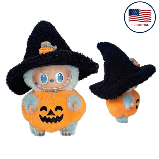 15CM Labubu Gen 1-3 Keychain Halloween Pumpkin Outfit with Overalls & Black Hat (Clothes Only)