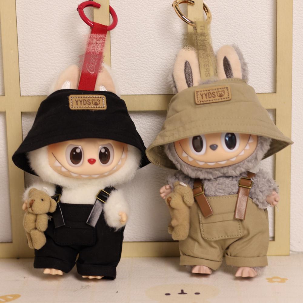 15-17cm Labubu Sitting Party Outfit - Series 1/2/3 Doll Clothes for Vinyl Figures - Khaki Overalls & Fisherman Hat