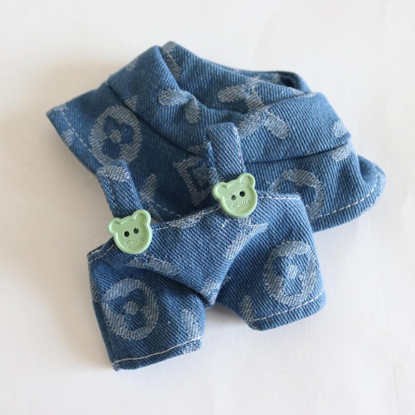 LABUBU CLOTHES, Denim Overalls & Hat Set - Blue Jeans Casual Outfit with Knit Print for 17cm Doll Clothes Compatible with LABUBU(No Doll)