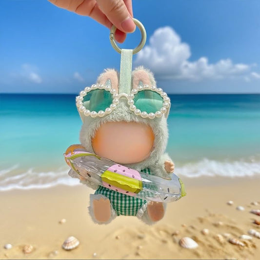 Clothes for Labubu 3-Piece Summer Beach Swim Set - Quick-Dry Fabric with Swimsuit,Swim Ring & Sunglasses,Perfect for 17cm Dolls(No Doll) (Green)