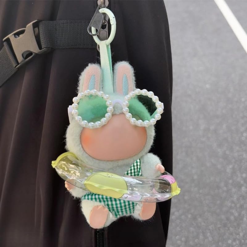 Clothes for Labubu 3-Piece Summer Beach Swim Set - Quick-Dry Fabric with Swimsuit,Swim Ring & Sunglasses,Perfect for 17cm Dolls(No Doll) (Green)