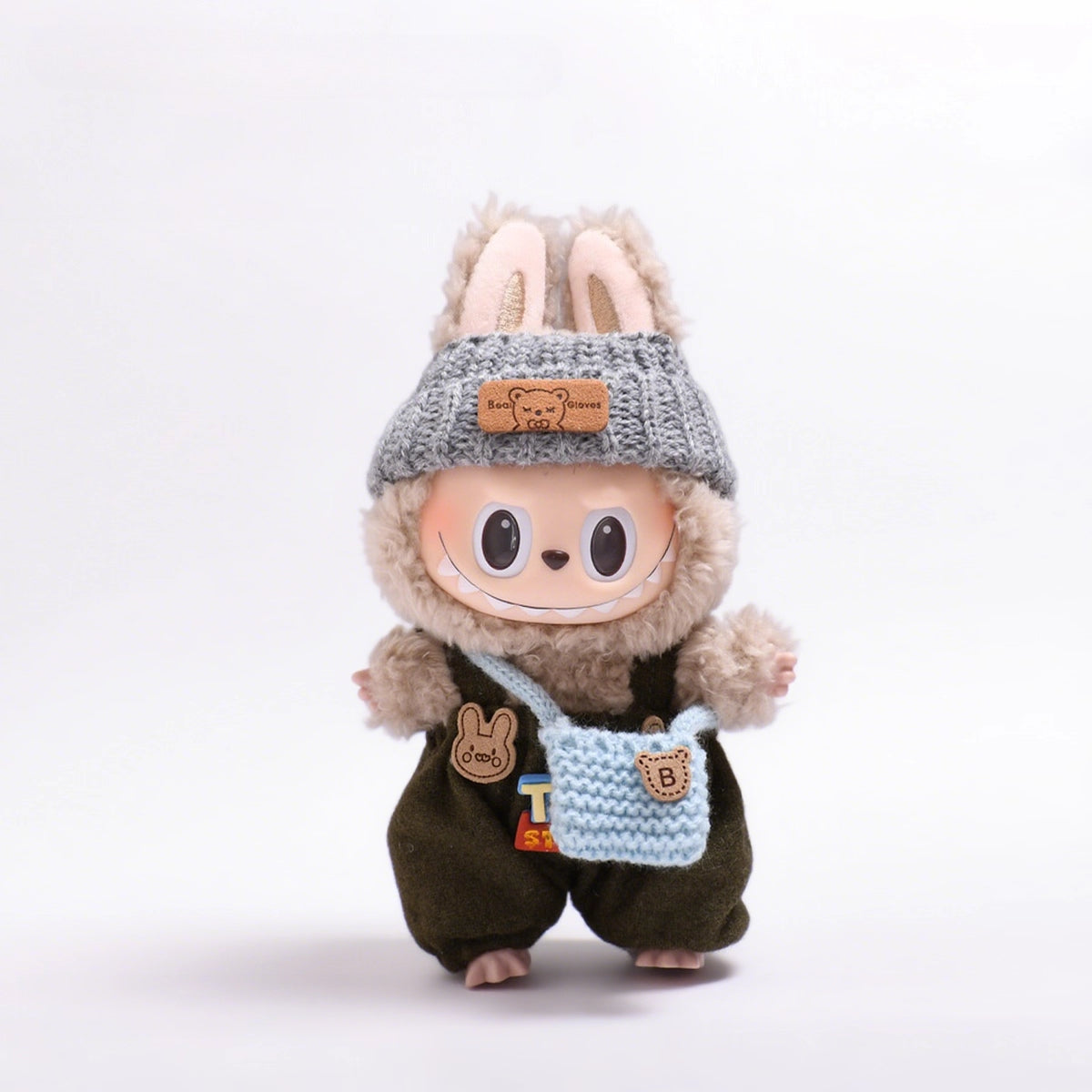 Labubu Outfit - Knit Sweater & Overalls Set w/ Hat & Bag for Keychain Doll