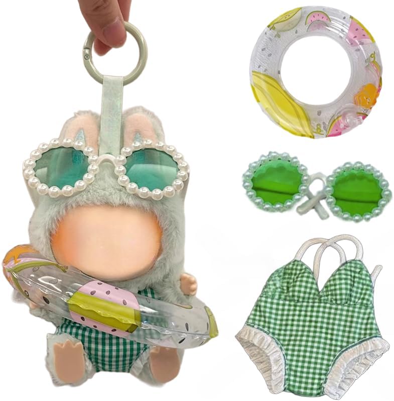 Clothes for Labubu 3-Piece Summer Beach Swim Set - Quick-Dry Fabric with Swimsuit,Swim Ring & Sunglasses,Perfect for 17cm Dolls(No Doll) (Green)