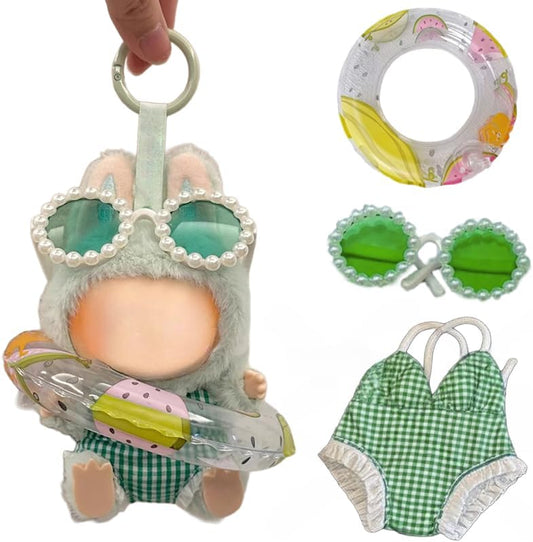 Clothes for Labubu 3-Piece Summer Beach Swim Set - Quick-Dry Fabric with Swimsuit,Swim Ring & Sunglasses,Perfect for 17cm Dolls(No Doll) (Green)