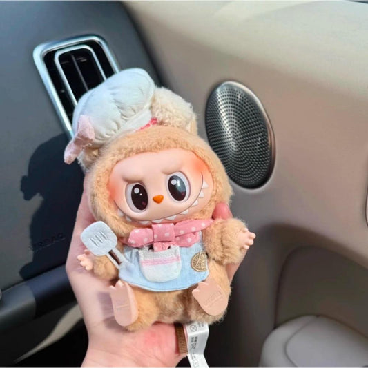 17cm Pop Mart Labubu Gen 1-3 Handmade Polka Dot Chef Outfit Set | Apron + Chef Hat + Top | Vinyl/Plush-Compatible Clothes Only with Detachable Keychain Charm
