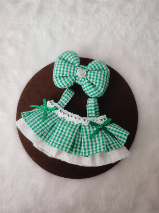 Labubu Sitting Party Outfit - Pink Green Plaid Dress for Series 1/2 Vinyl Doll Clothes