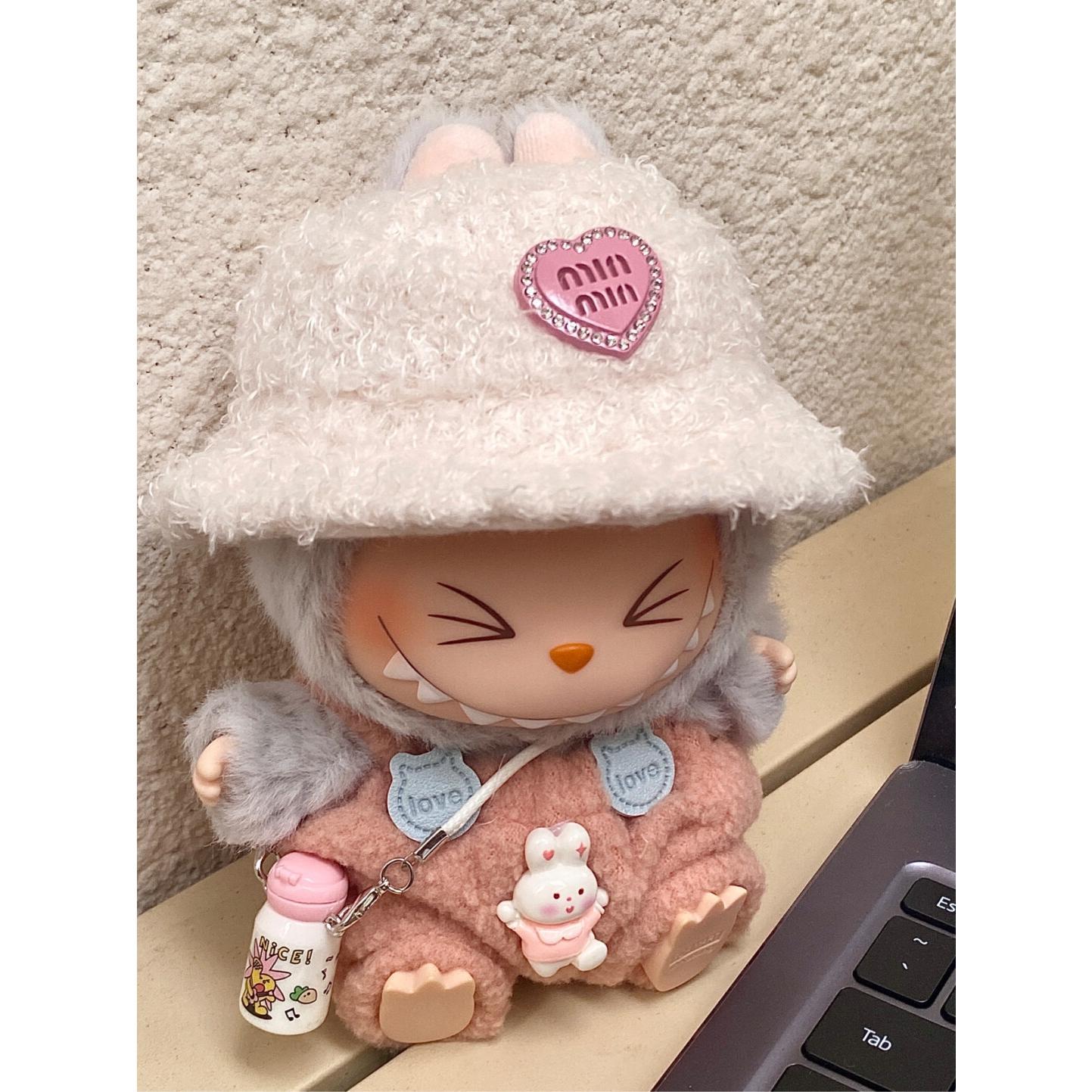 LABUBU Clothes 3-Piece Set (Pants, Hat, Thermos) - POP MART Doll Clothes Accessories - Cute Pink Rabbit Outfit for 17cm/6.7" LABUBU Plush Doll