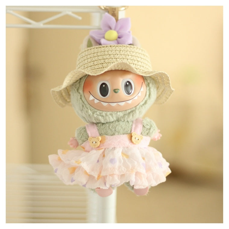17cm Labubu Summer Straw Hat & Dress Outfit - Change Clothes with Accessories