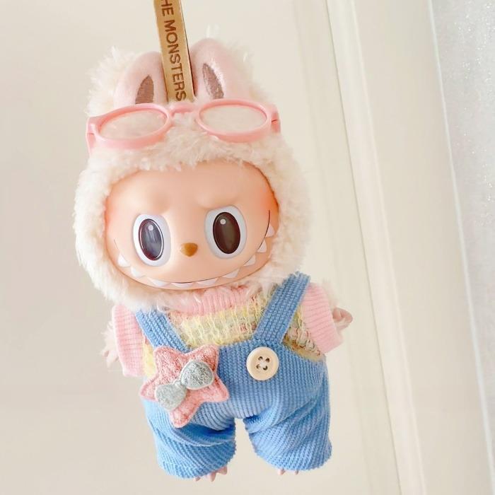 17cm Labubu Handmade Couple Outfit Set | Macaron Swaeter + Matching Overalls | Vinyl/Plush-Compatible Clothes Only with Detachable Keychain Charm