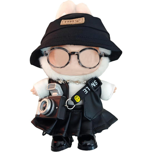 8-Piece Set Doll Clothes for LABUBU, Skirt, 2 Pcs Tops, Glasses, Necklace, Hat, Shoes, Camera, Premium Clothing Accessories Set, No Doll (Black)