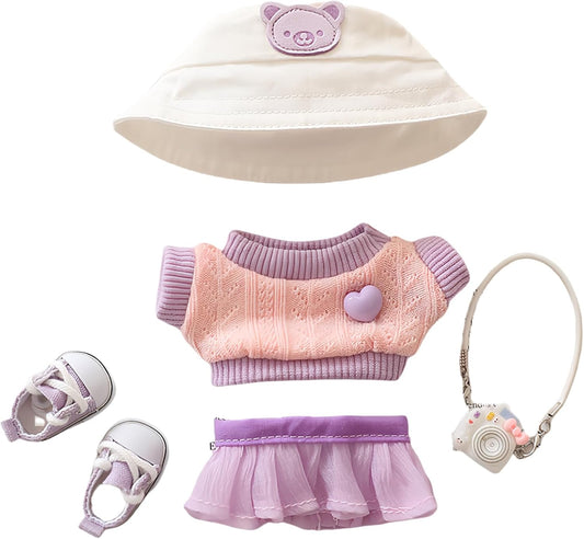 New Clothes for Lububu, 5-Piece Lububu Doll Outfits, Fashion Top, Hat, Shoes, Skirt, Camera Set Accessories, Exquisite 17 Cm Lububu Clothing (No Doll) (Purple)