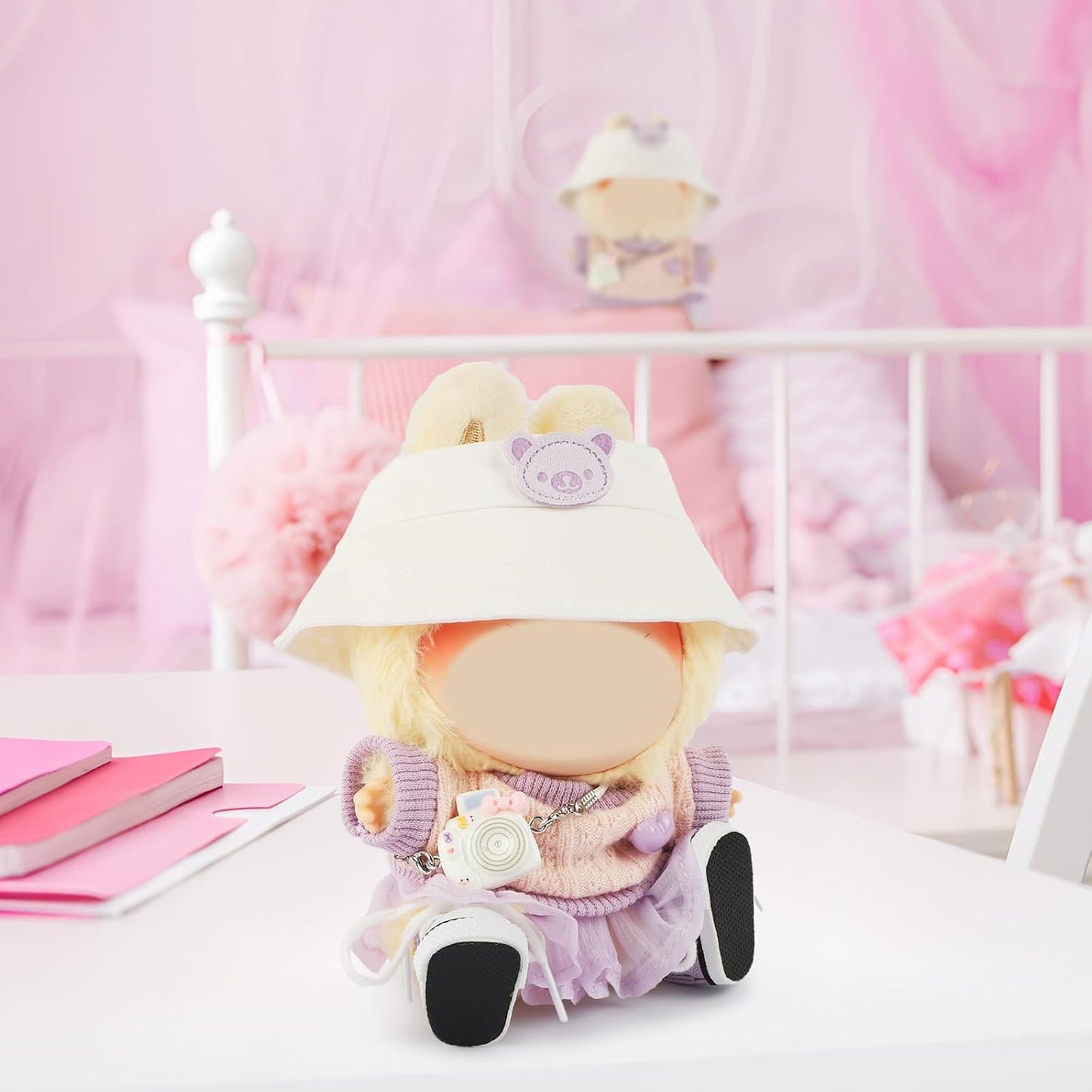 4 Set 15- 17cm Doll Clothes for labubu - Dolls Outfit Accessories for Girl , with Coat + Skirt + Handbag + Bow (No Doll) (Pink)