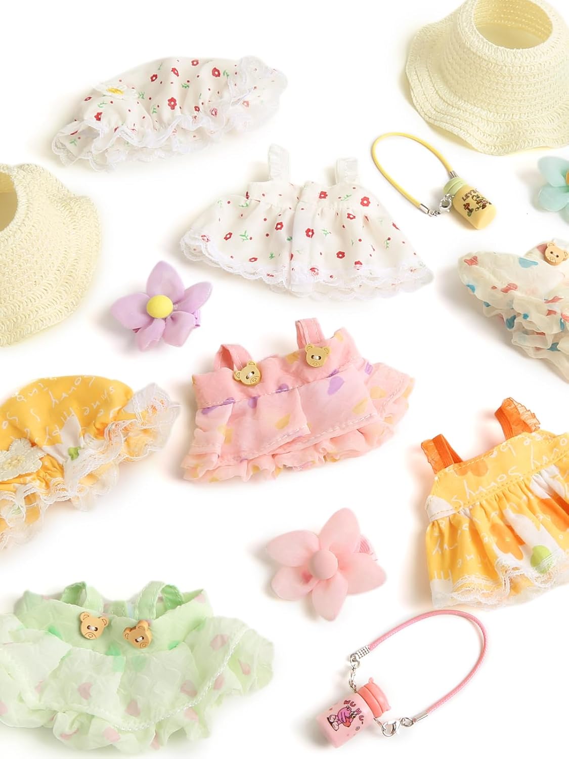 Doll Clothes(No Doll),Cute Kawaii Style for 17cm Dolls Accessories Floral Dress & Sun Hat Set Green