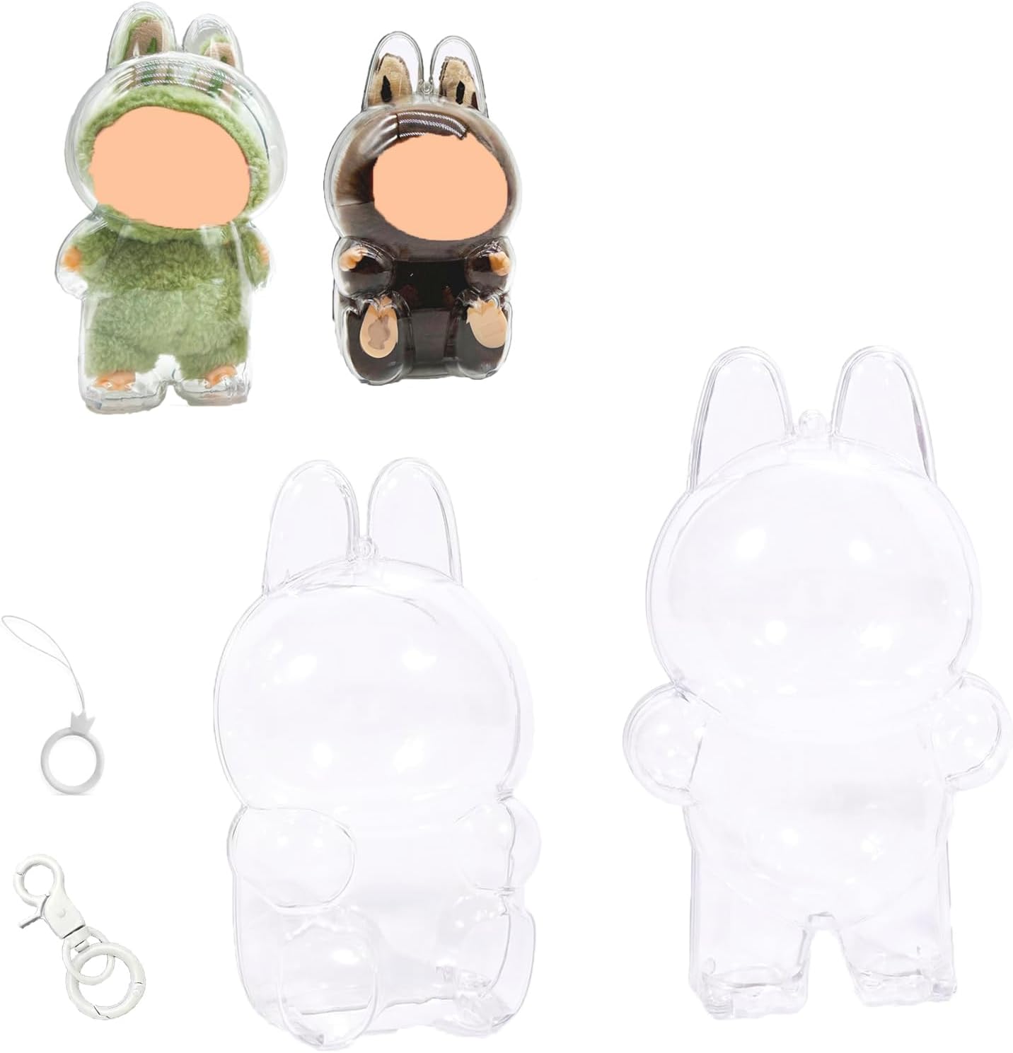 LABUBU Protective Cases - 2 PCS Blind Box Doll Protective Cases Covers Acrylic Clear Protectors with Keychains (Doll Not Included, 2 PCS Standing Cases)