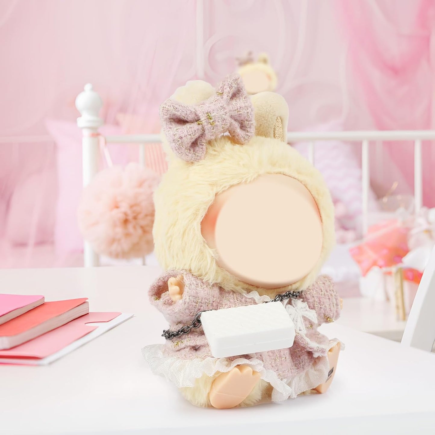 4 Set 15- 17cm Doll Clothes for labubu - Dolls Outfit Accessories for Girl , with Coat + Skirt + Handbag + Bow (No Doll) (Pink)